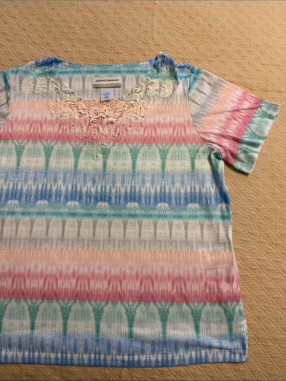 Alfred Dunner Pastel Striped Ikat Tee with Lace Yoke